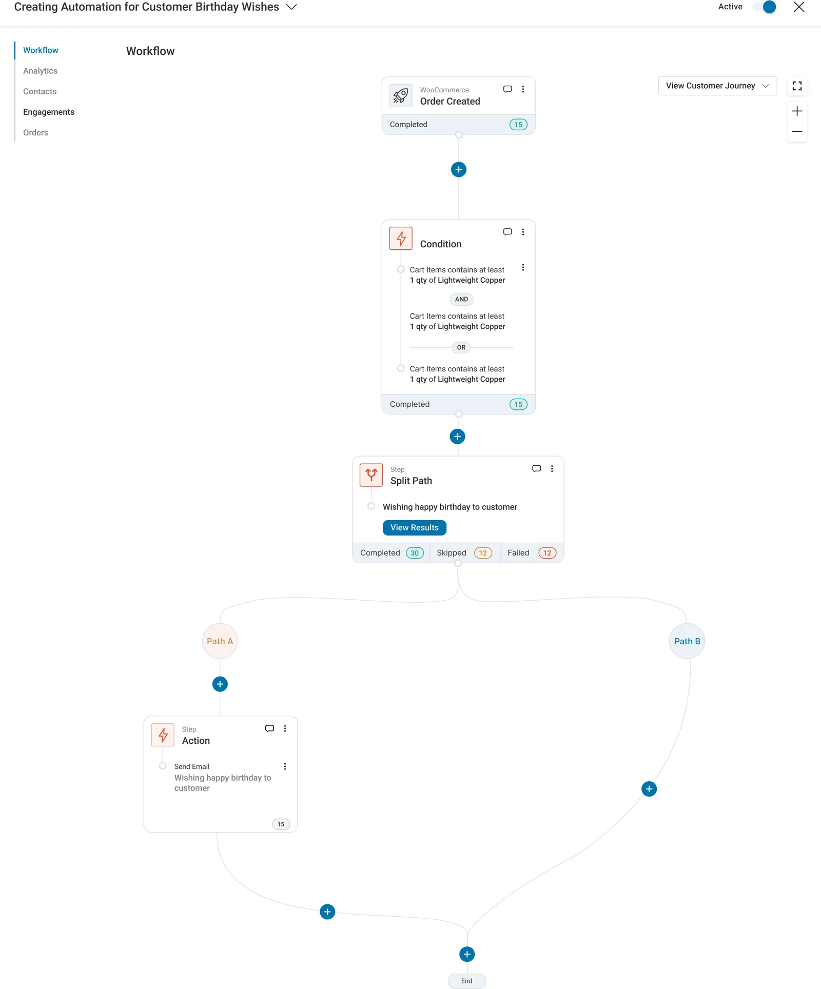 The visual workflow builder: trigger, condition and split-path nodes on one canvas
