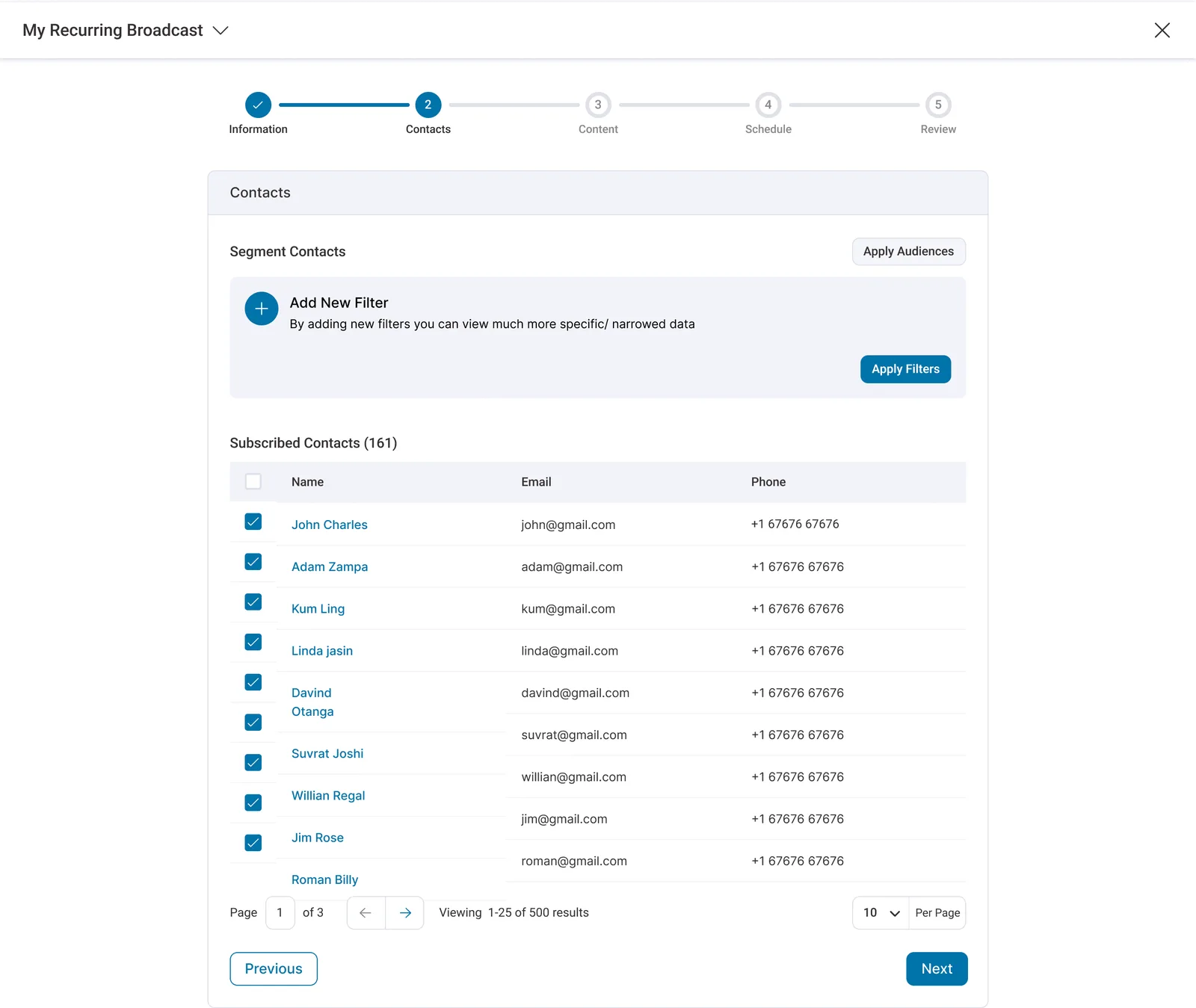 The broadcast wizard: stepped flow with segment selection, mirroring the outcome-first pattern
