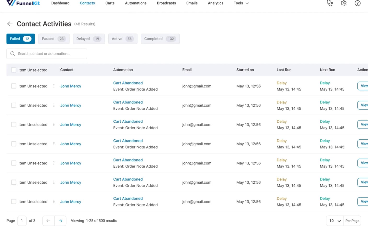 Automation runs at a glance: active, delayed and completed contacts per workflow