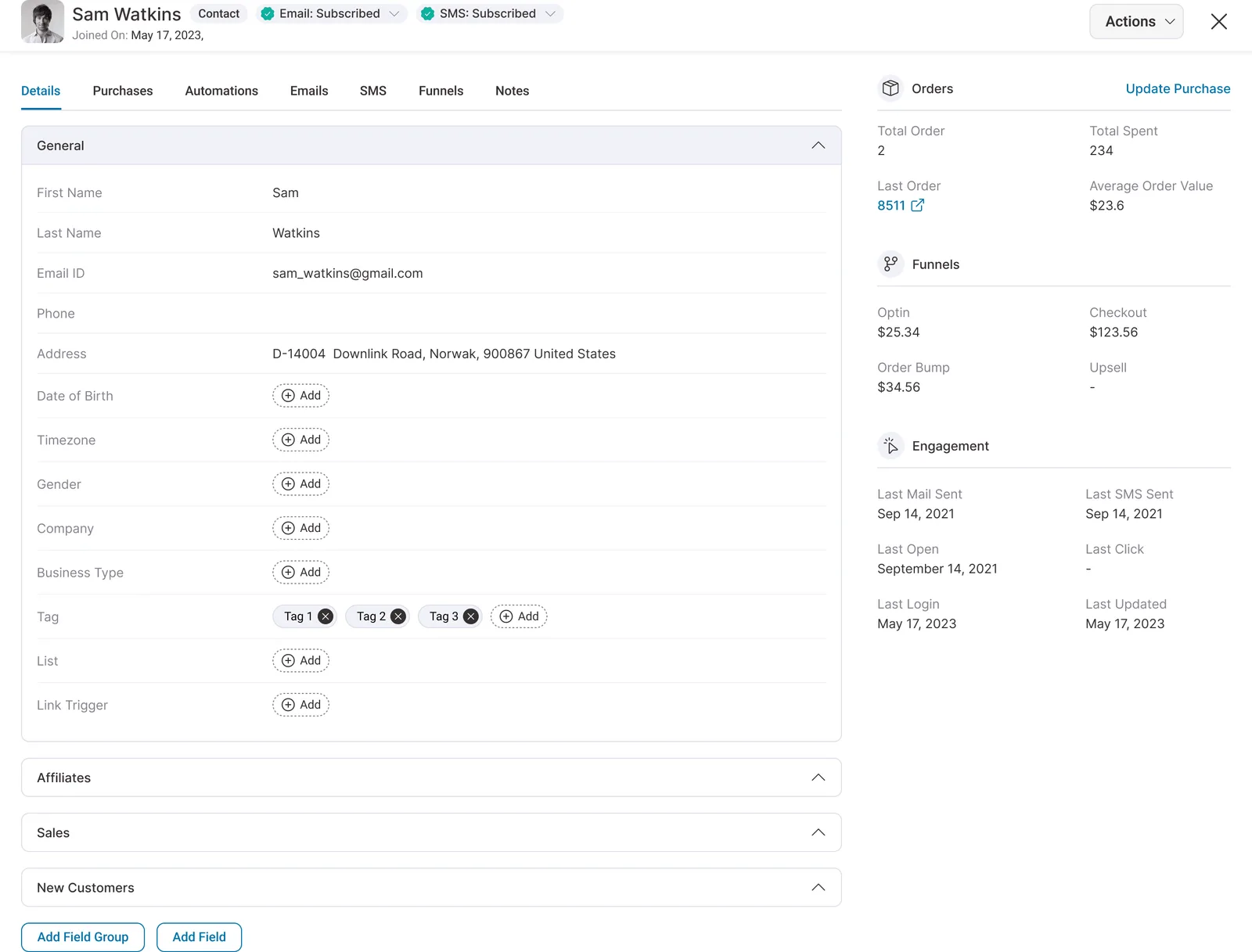 Contact profile view: orders, funnels, engagement and automation history for one customer