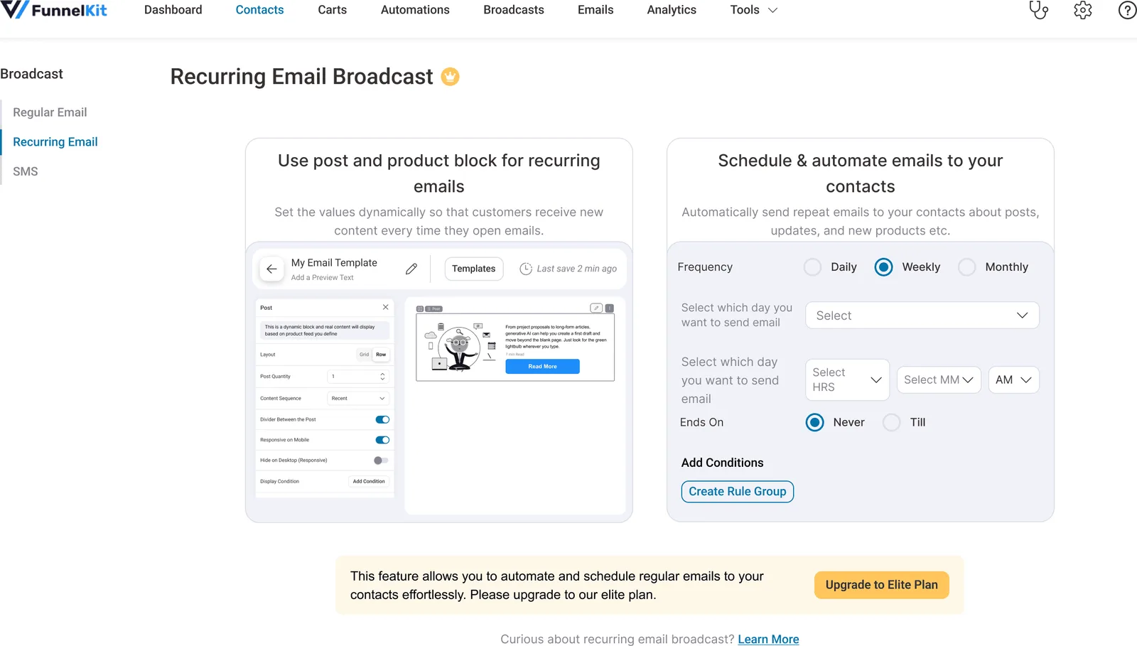 Post and product blocks: email content fills itself from the store so campaigns stay current