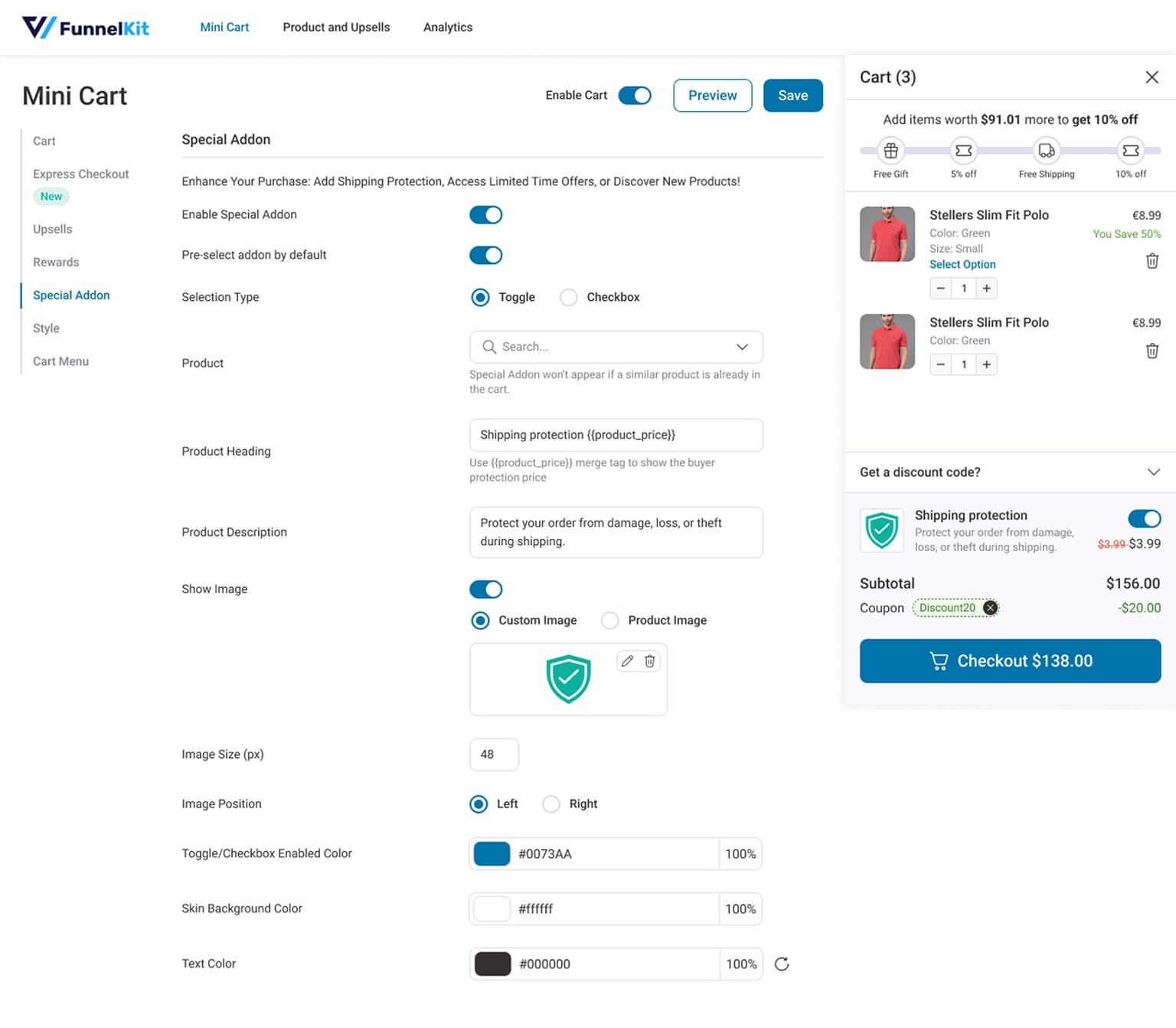 Mini-cart configuration: special add-ons like shipping protection, edited beside a live cart preview