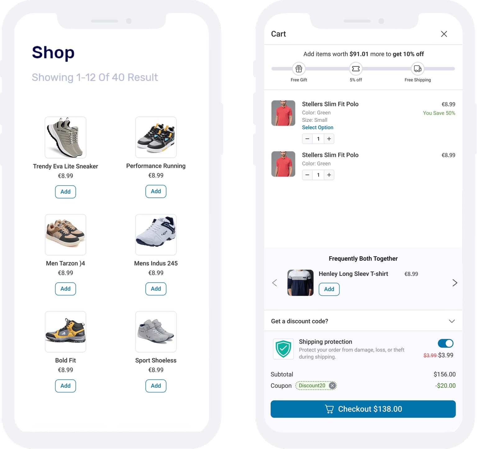 The mobile cart drawer: 85% screen width, with recommendations and rewards intact