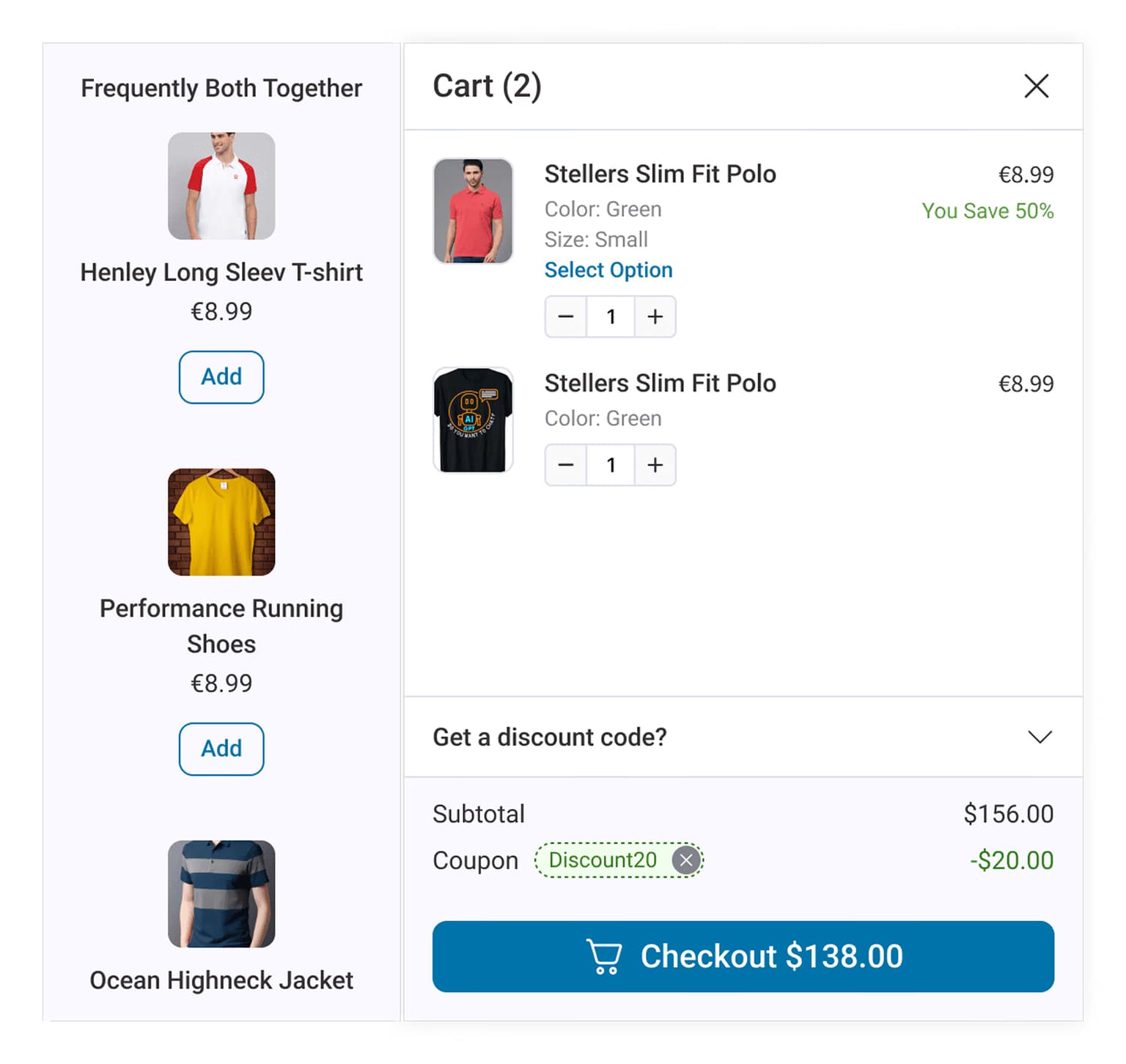 Cart recommendations: "Frequently Bought Together" suggestions sit beside the cart, one click to add