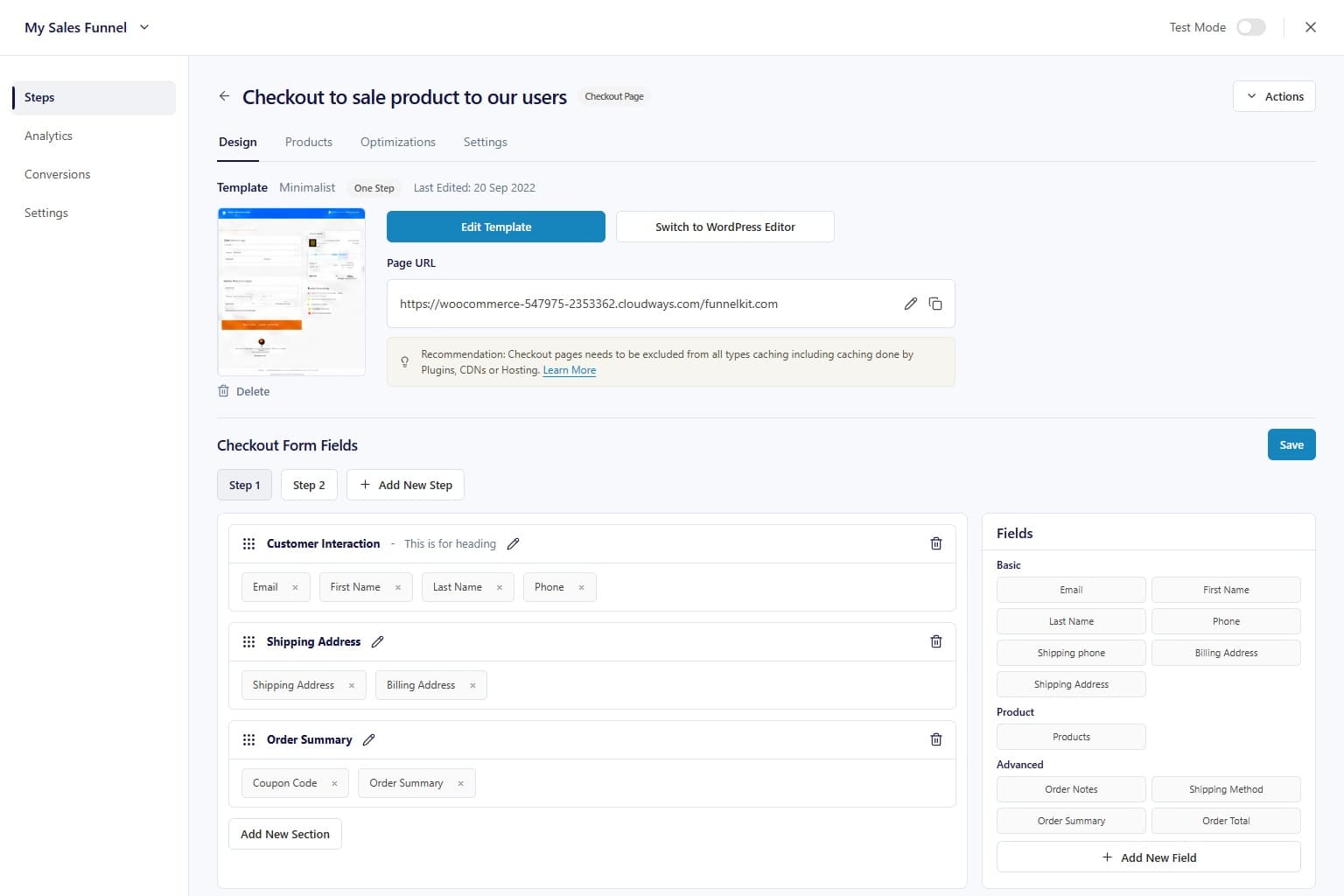 Checkout-step editor showing the template, URL, multi-step form structure, configurable customer and shipping fields, and the caching requirement.