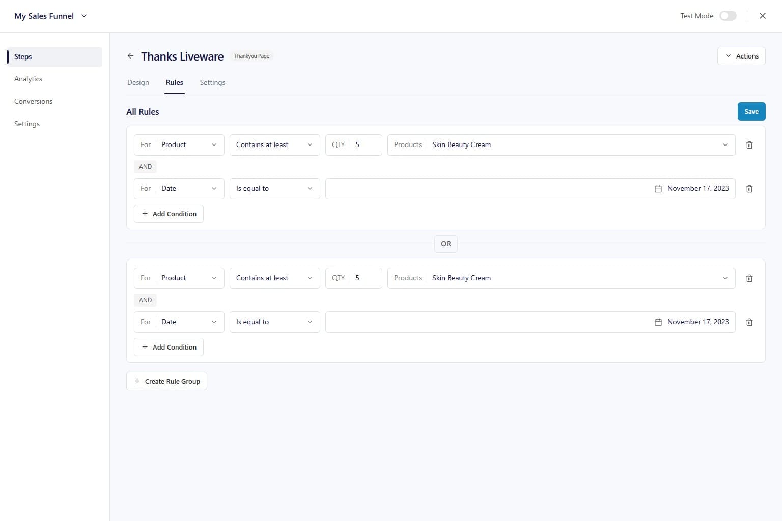 Thank-you-page rules builder showing product and date conditions combined with AND within two separate groups, joined by OR.