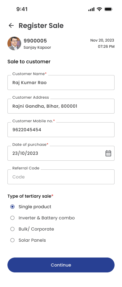 Partner App sales-registration flow.