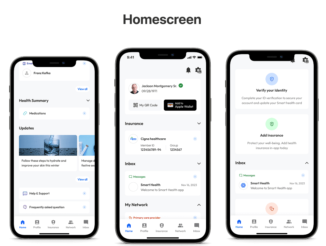 Three Smart Health home screens showing the health summary, a patient identity card and the next actions for verification and insurance.