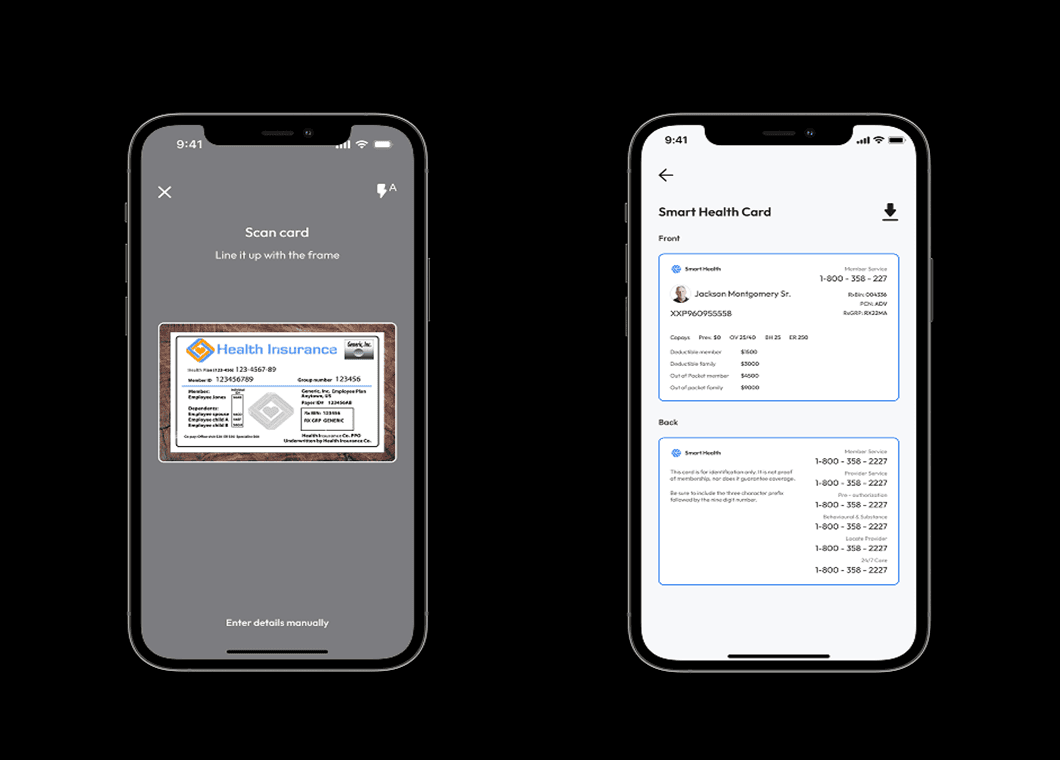 Two Smart Health insurance screens showing card capture and the resulting digital health card.