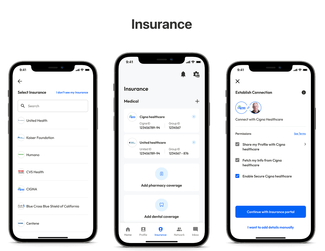 Three Smart Health insurance screens showing provider search, connected coverage and a secure insurance-portal connection.