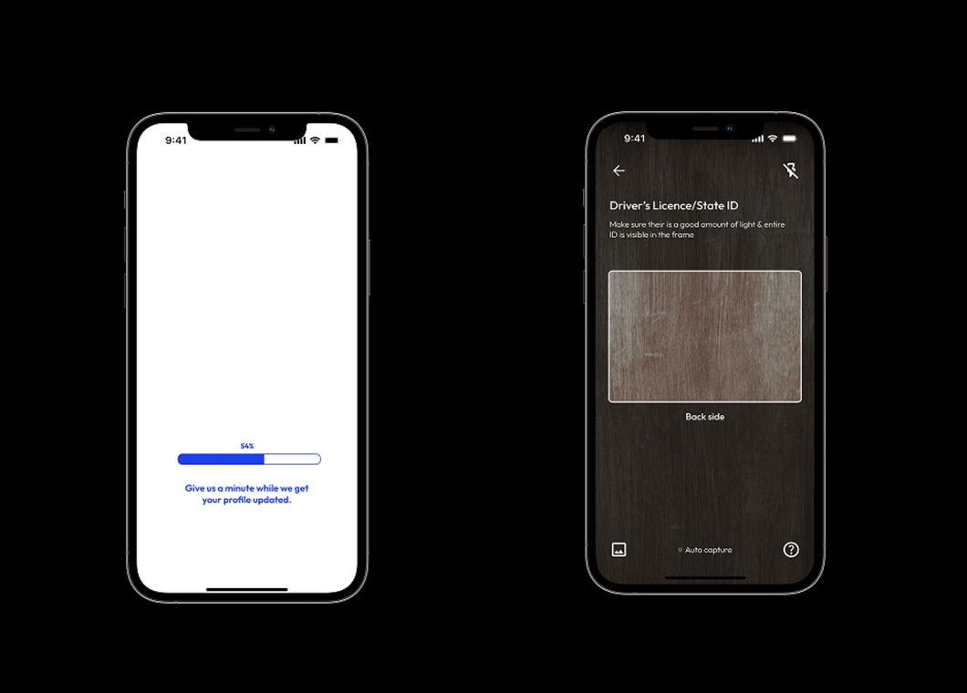 Two Smart Health verification states showing profile-update progress and guided photo-ID capture.