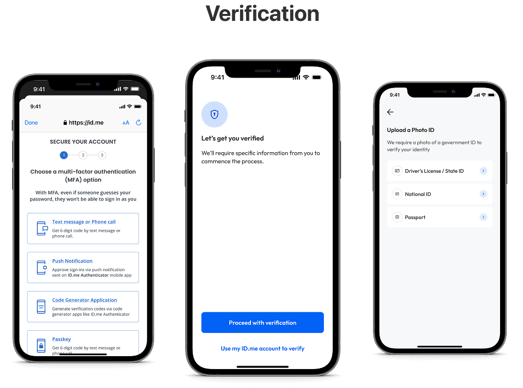 Three Smart Health identity-verification screens showing authentication, the verification prompt and a photo-ID selection.
