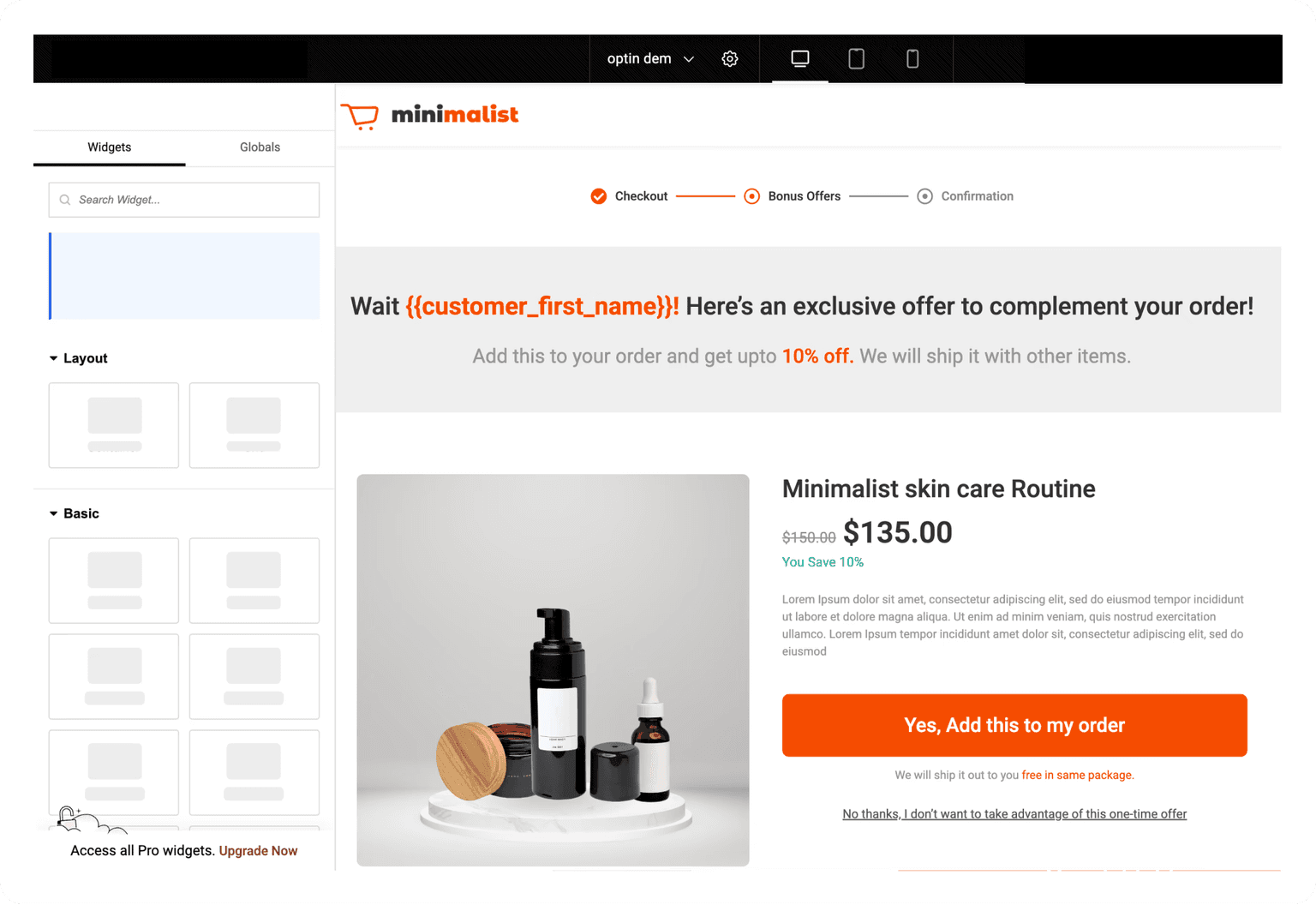 Bonus offer page: built visually in Elementor, dynamic customer name and live pricing, no code required