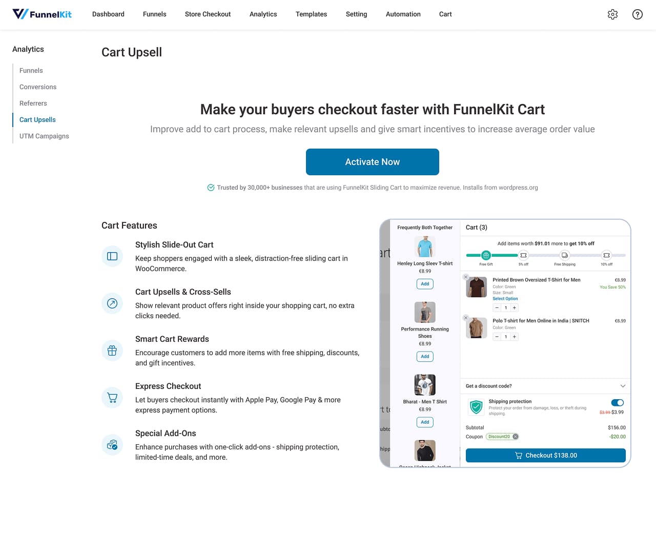 FunnelKit Cart's own feature set: slide-out cart, upsells, rewards and express checkout bundled together