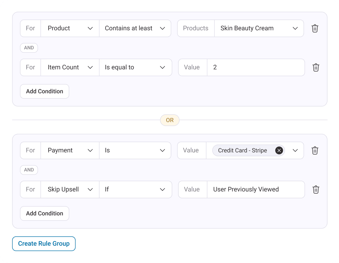 Targeting rules configuration showing product-specific and category-based rules