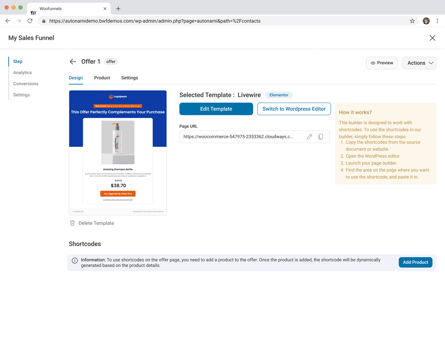 The offer step inside the funnel: template, product and settings in one place