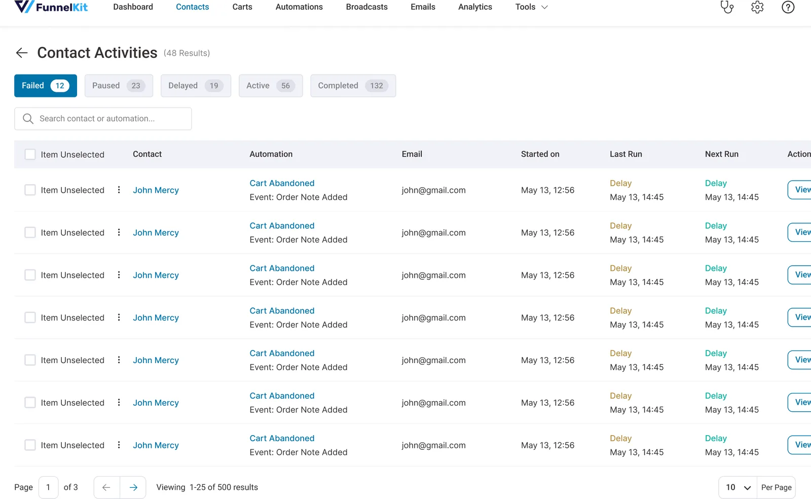 Automation runs at a glance - active, delayed and completed contacts per workflow