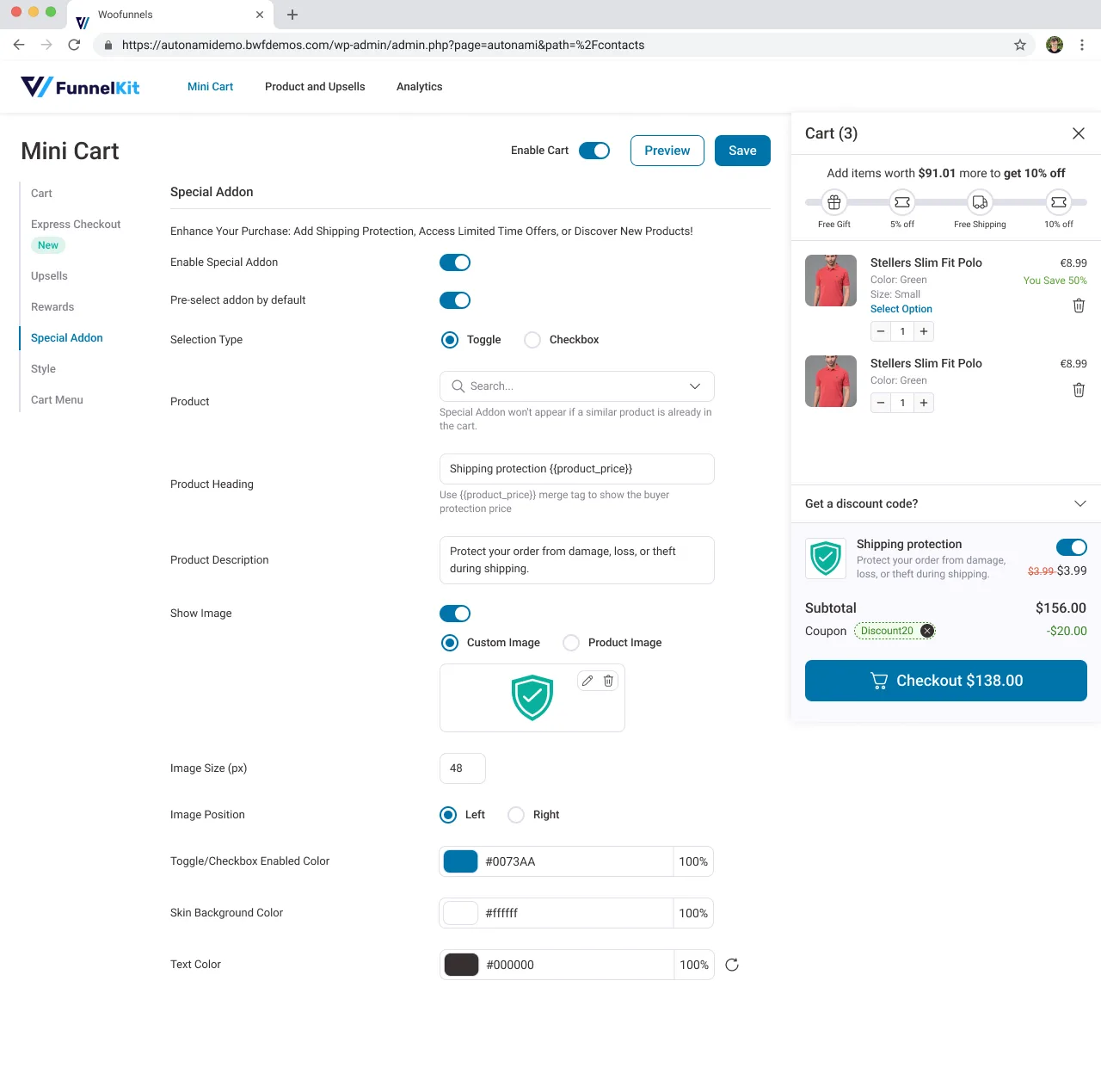 Mini-cart configuration - special add-ons like shipping protection, edited beside a live cart preview
