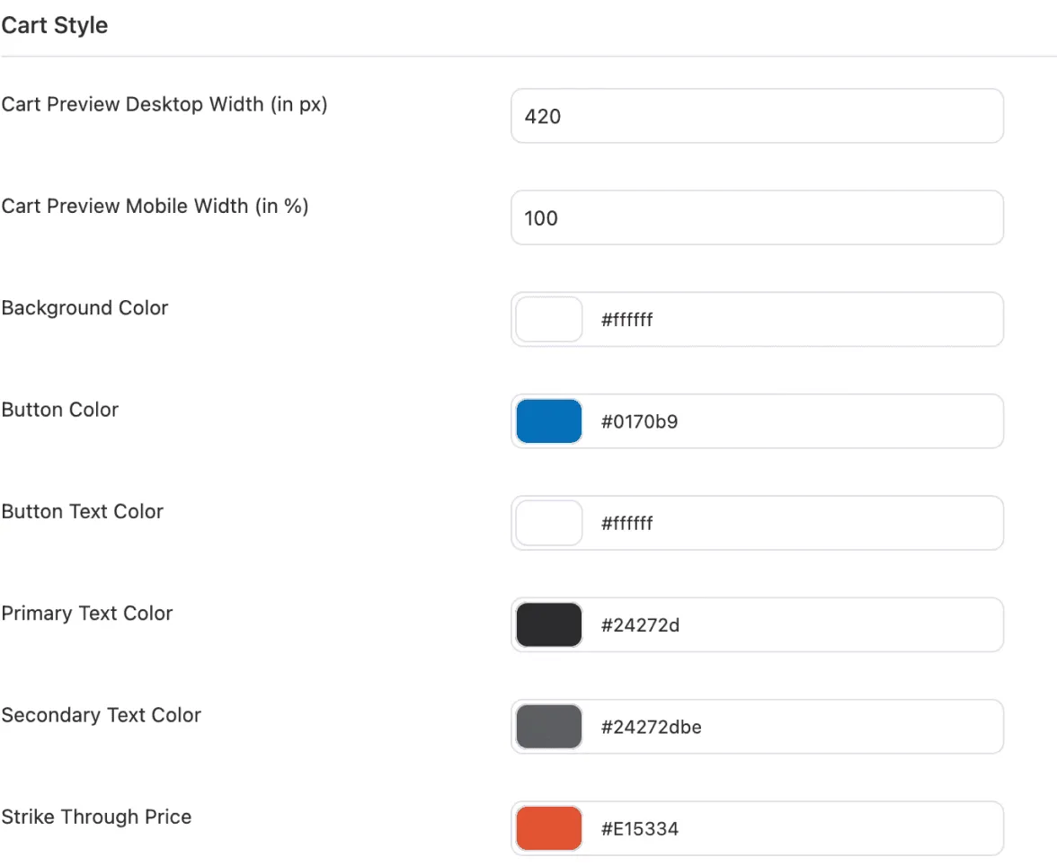 Cart style settings - merchants control width, colours and typography without code