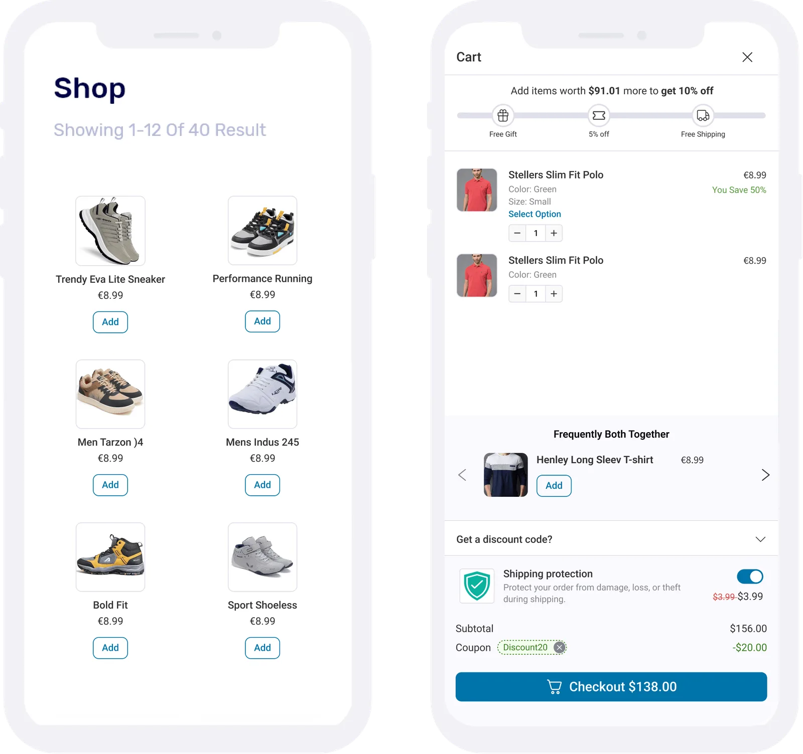 The mobile cart drawer - 85% screen width, with recommendations and rewards intact