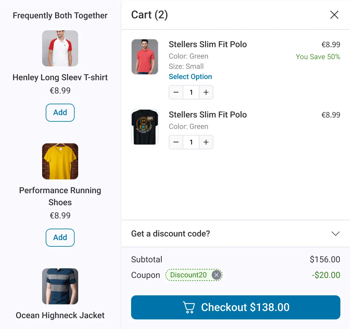 Cart recommendations - "Frequently Bought Together" suggestions sit beside the cart, one click to add