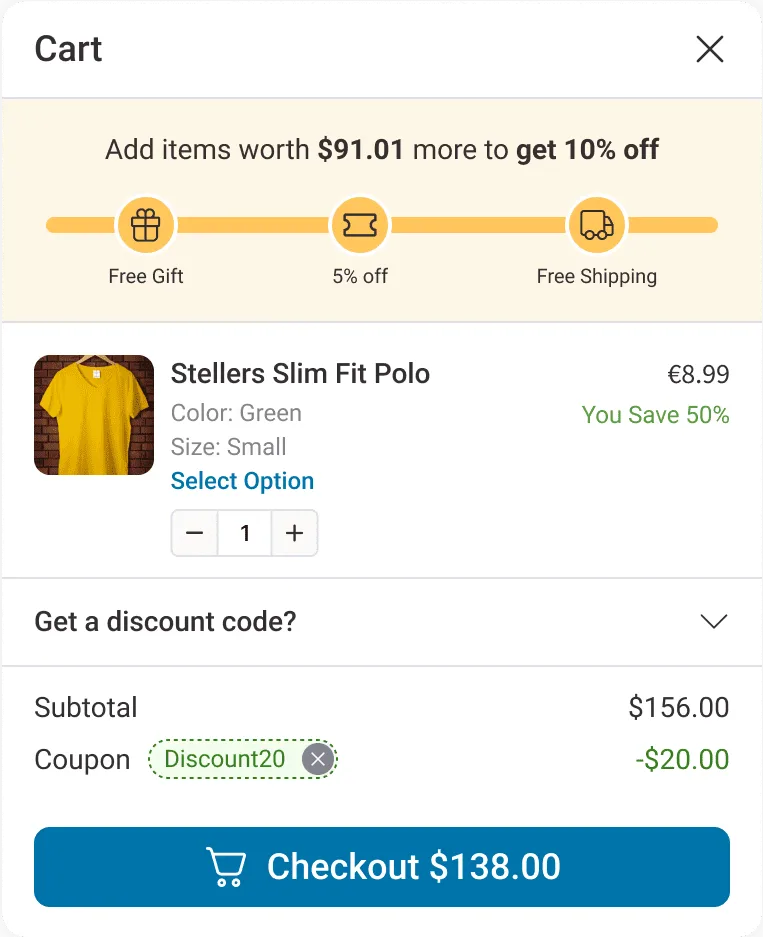 Milestone rewards in the cart drawer - free gift, discount and free shipping unlock as the cart grows