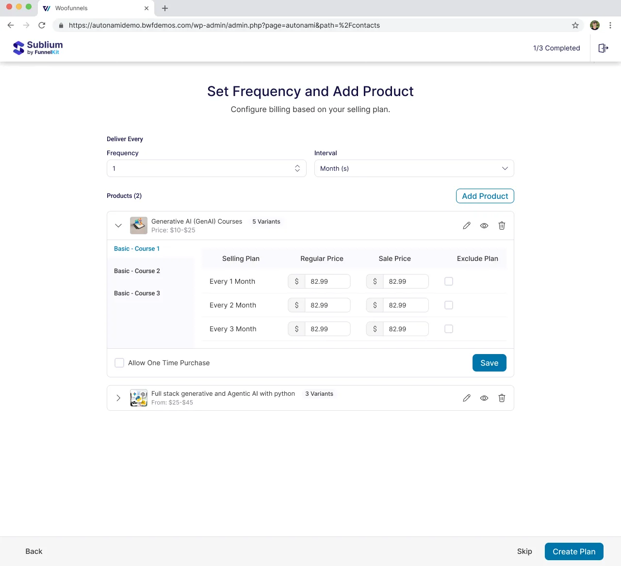 The guided plan setup - frequency and product pricing in a 3-step flow