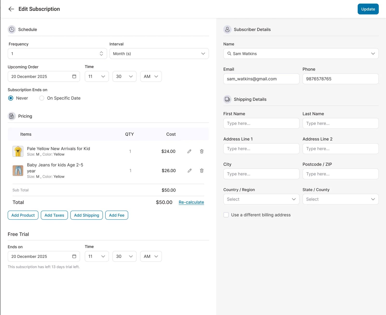 Editing a single subscription - schedule, pricing, trial and subscriber details on one screen