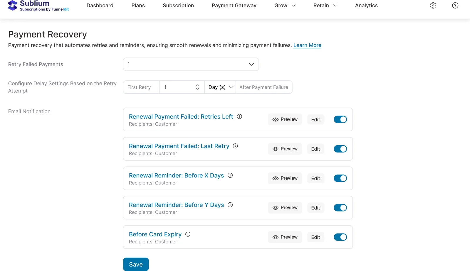 Automated payment recovery - failed renewals are retried and customers are nudged to update cards before the subscription lapses