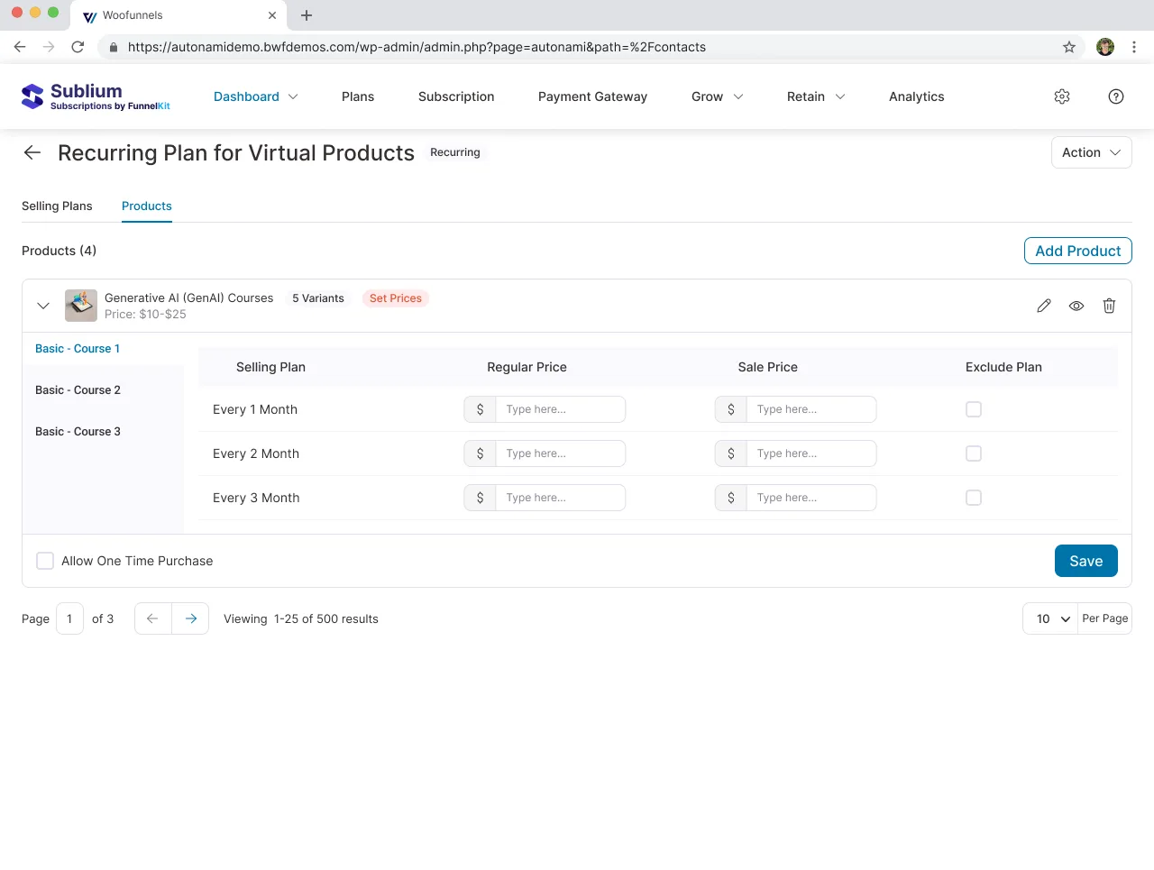 Plan pricing per product - regular and sale price for every billing interval in one table