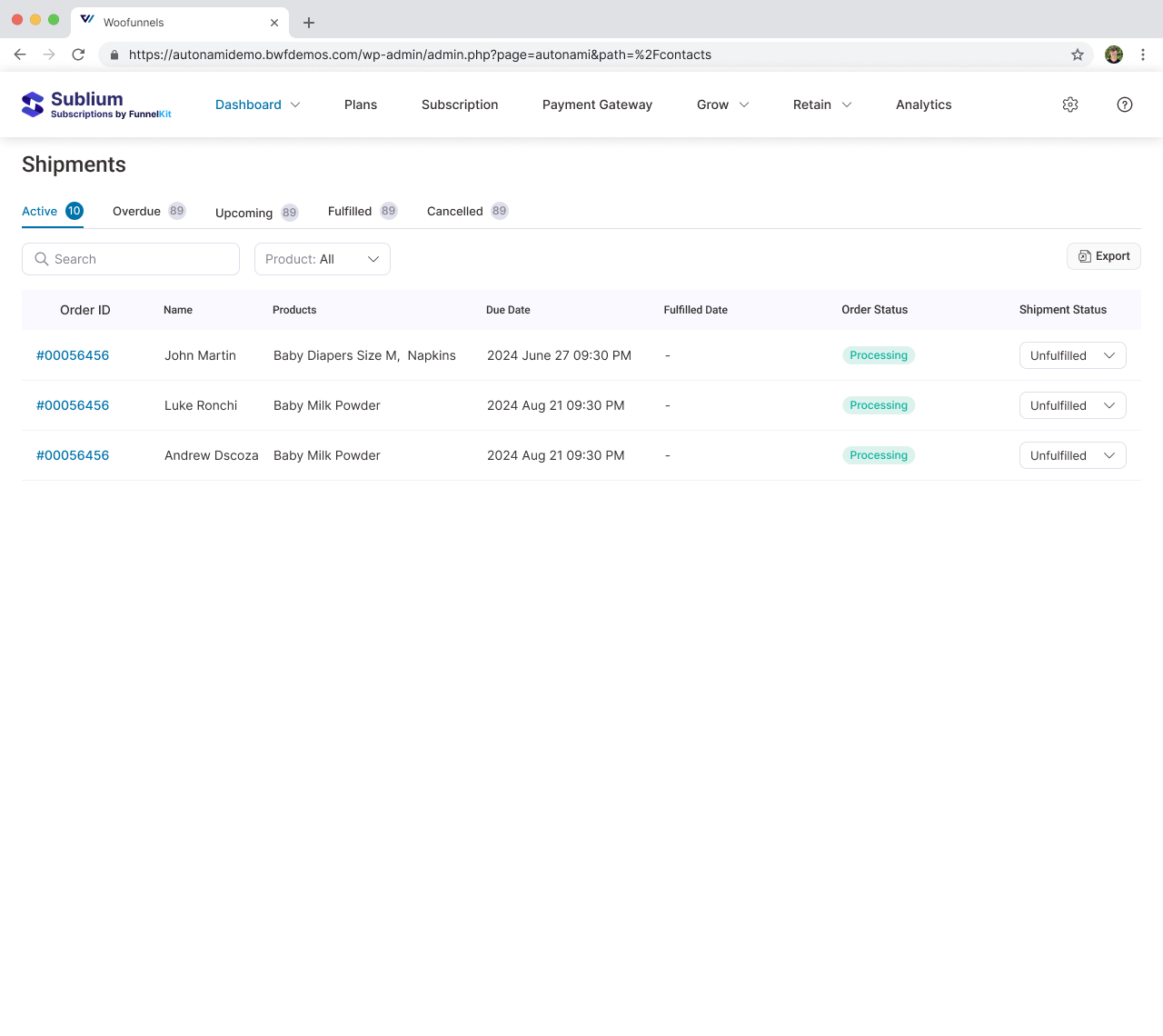 Shipment tracking - active, overdue and upcoming subscriber orders in one queue