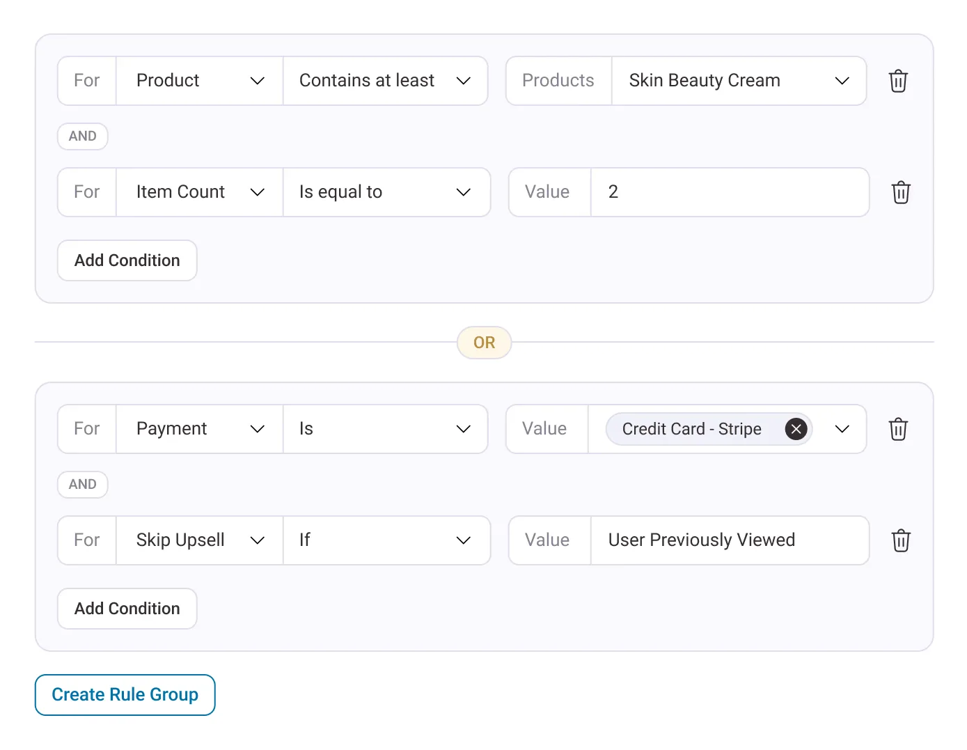 Targeting rules configuration showing product-specific and category-based rules