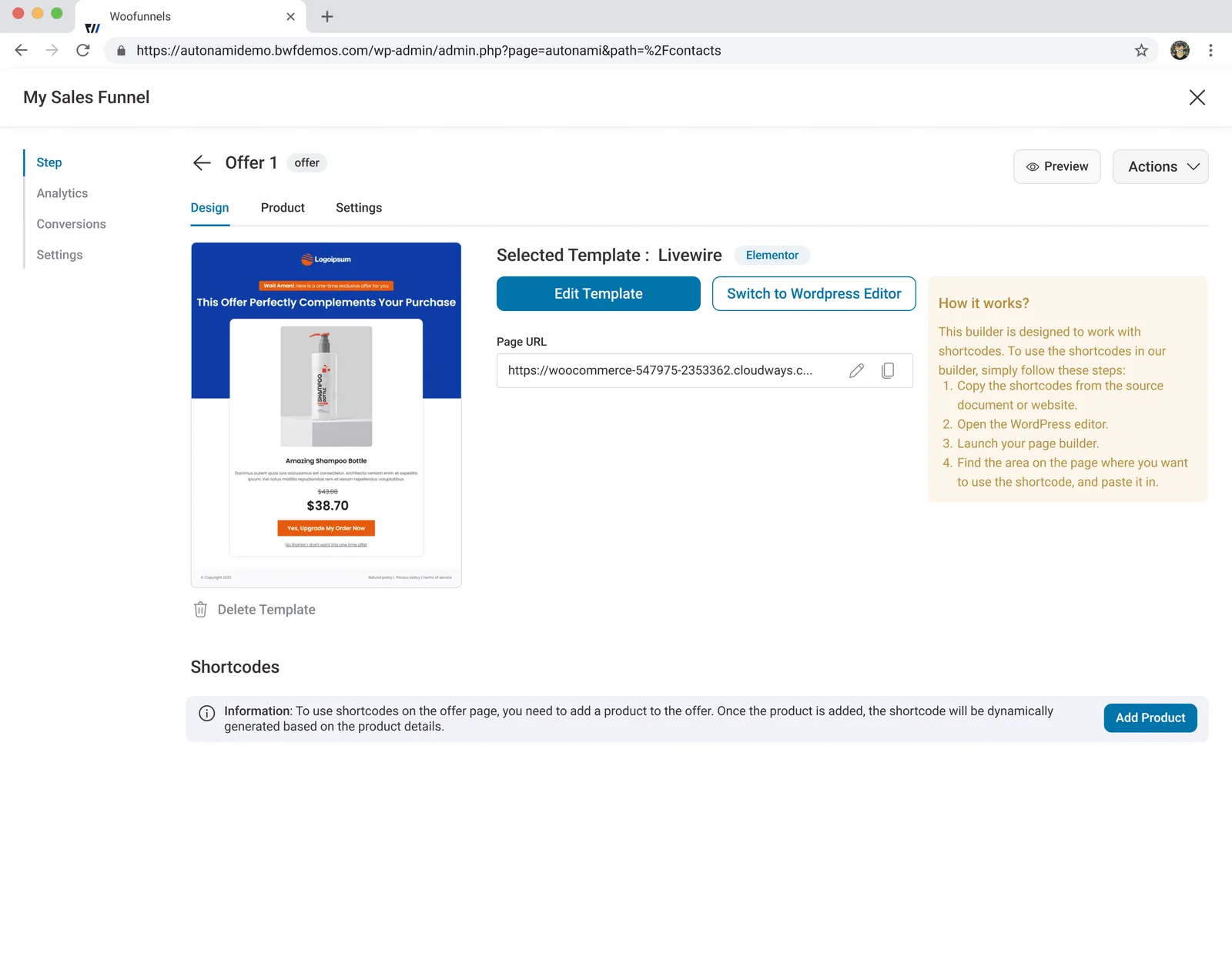 The offer step inside the funnel - template, product and settings in one place